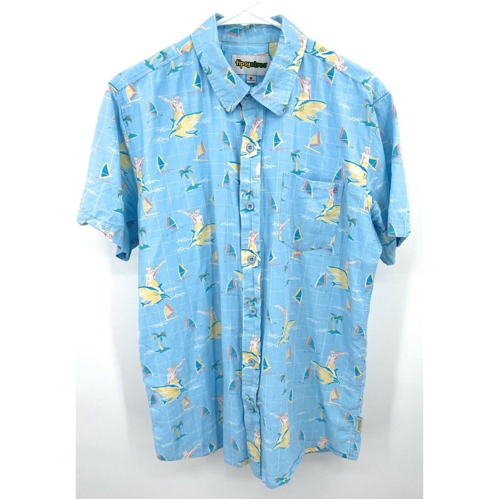 Tipsy Elves Hawaiian‎ Shirt Mens M Cotton Blue Shark Windsurfer Button Up